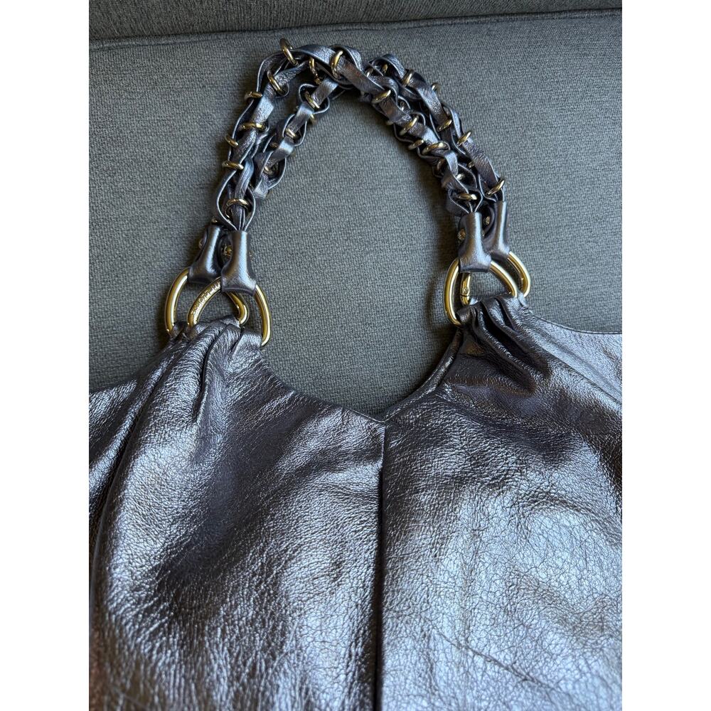 Elliot Lucca Silver Metallic Leather Shoulder Handbag Gold Braided Handles Boho - Picture 7 of 15